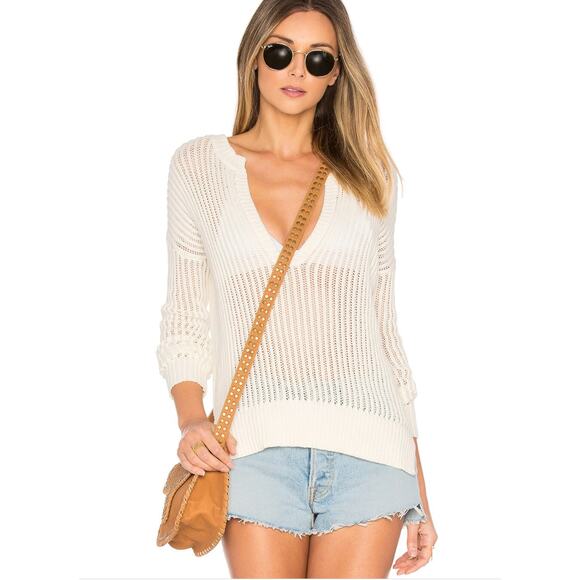 Revolve By The Way Ivory Pearl Sheer Knit Long Sleeve Sweater V-Neck Jumper S - Picture 1 of 12